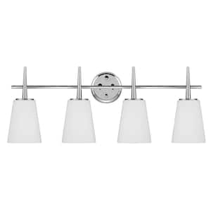 Driscoll 30 in. 4-Light Contemporary Modern Chrome Wall Bathroom Vanity Light with Etched White Glass Shades