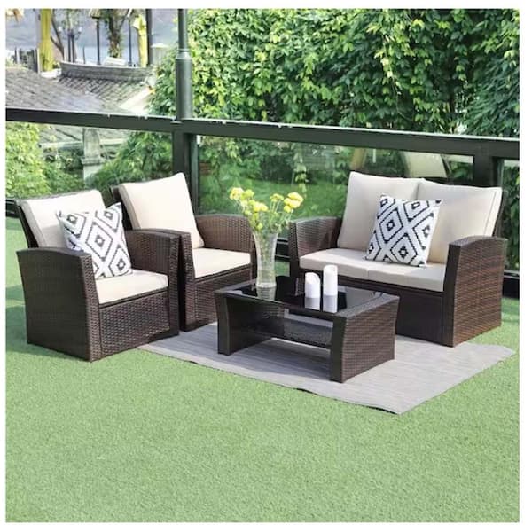 Tenleaf 4-Piece Brown Wicker Patio Conversation Set with Beige Cushions