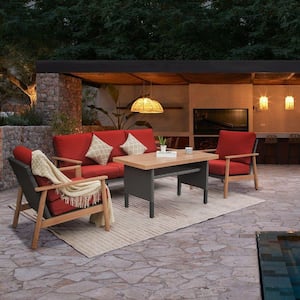 4-Piece Aluminum Wood Grain Outdoor Sectional Set with Red Cushions