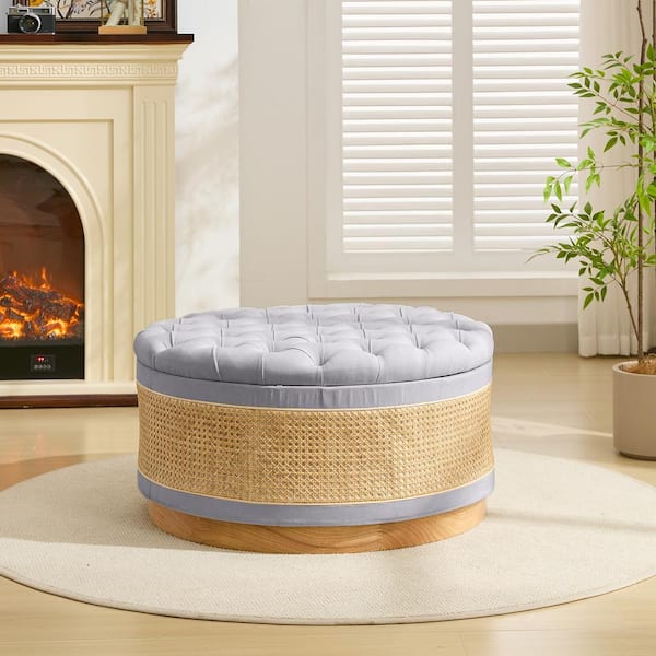 JEAREY Grey Linen Tufted Rattan Round Storage Ottoman for Bedroom