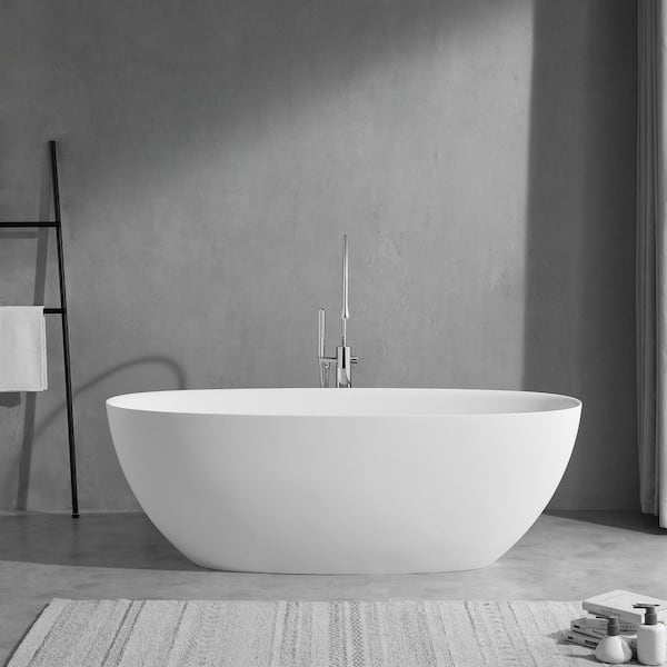65 in. x 30 in. Stone Resin Freestanding Flatbottom Soaking Bathtub Matte White