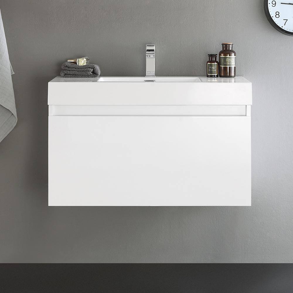 Glossy White 36" Wall-Mounted Single Sink Vanity with Acrylic Top