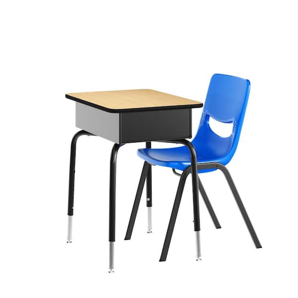 Hercules 2-Piece Rectangle Student Desk w/Open Front Laminate Top Classroom Stack Chair Natural Top/Navy Chair
