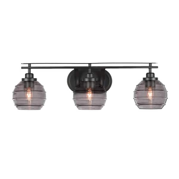 Unbranded Monroe 27.75 in. 3-Light Matte Black Vanity-Light 6 in. Smoke Ribbed Glass Shade No Bulbs Included