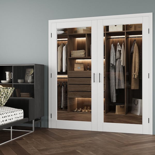 72 in. x 80 in. 1-Lite Clear Glass Universal White Solid Core Wood Double Prehung French Door+ Separate Jamb&Ball Catch
