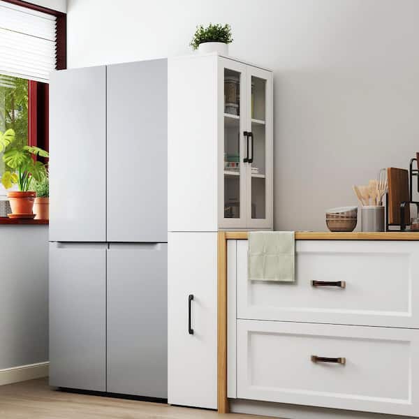 Fergus White Wood 70.9 in. Display Storage Cabinet with 4-Tier Multi-Functional Pull-Out Storage Shelf and 2 Glass Doors