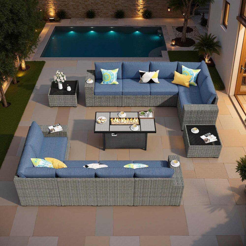 Aestheticism 13-Pieces Wicker Outdoor Patio Rectangular Iron Fire Pit Set with Denim Blue Cushions