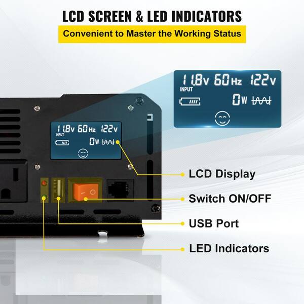 thumbnail image 2 of VEVOR 2500W Pure Sine Wave Inverter – 12V To 120V, With Remote, LCD Display, For RV, Truck, Solar 2 of 12