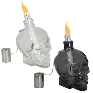 Sunnydaze Grinning Skull 2 Glass Tabletop Torches - 1 Black/1 Clear