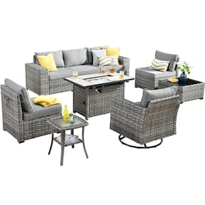 Tahoe Grey 9-Piece Wicker Patio Rectangle Fire Pit Conversation Sofa Set with a Swivel Chair and Dark Grey Cushions