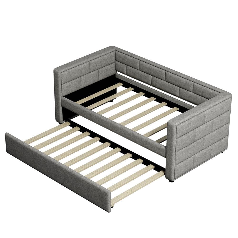 Gray Upholstered Twin Daybed with Pine Wood Frame and Trundle