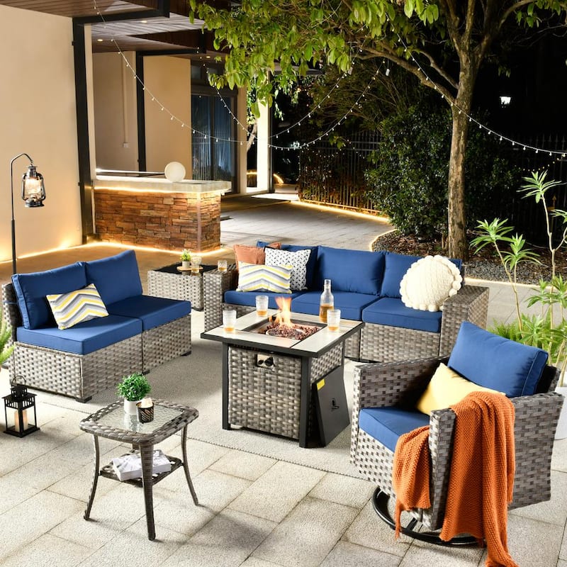 Tahoe Grey 9-Piece Wicker Patio Fire Pit Conversation Sofa Set with a Swivel Rocking Chair and Navy Blue Cushions