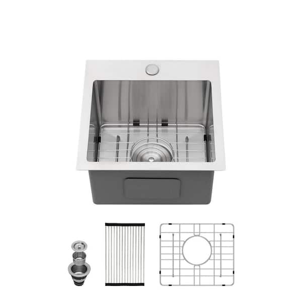 15 in. Top mount/Drop-In Single Bowl 16 Gauge Brushed Nickle Stainless Steel Kitchen Bar Sink with Bottom Grid