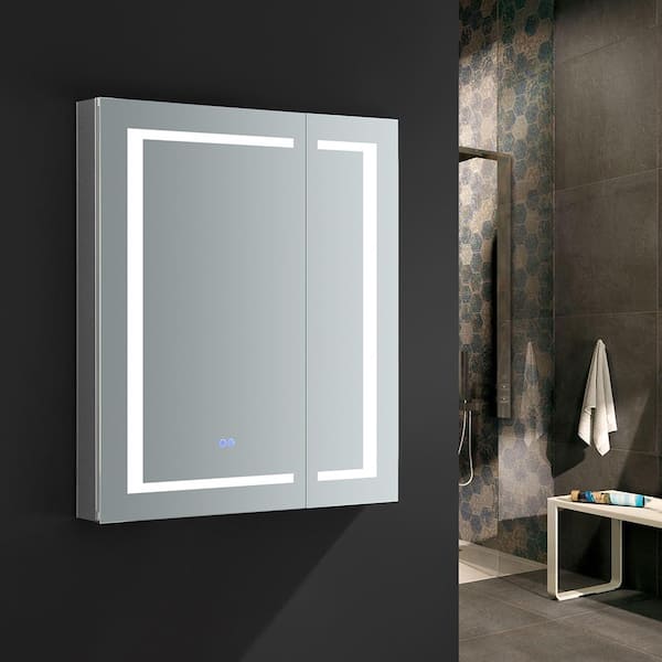 Fresca Spazio 30 in. W x 36 in. H Recessed or Surface Mount Medicine Cabinet with LED Lighting and Mirror Defogger