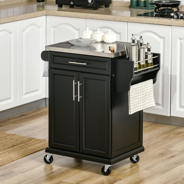 Black Wood 33.00 in. Kitchen Island on Wheels, Rolling Kitchen Cart with Stainless Steel Countertop and Drawer