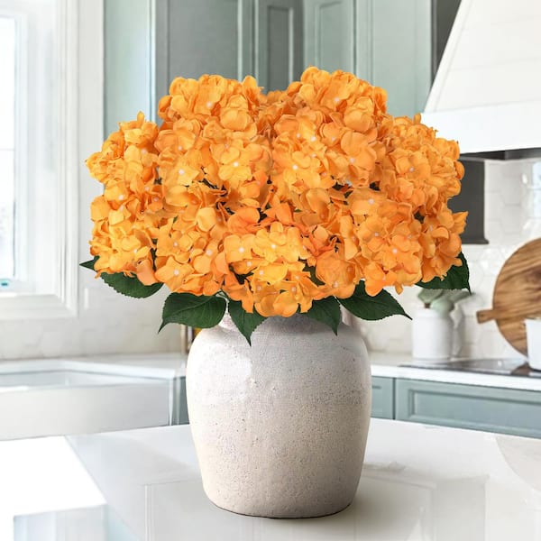 20 in. Deluxe Orange Artificial Hydrangea Flower Stem Bush Bouquet (Set of 2)
