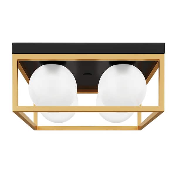 aiwen 13.97 in. 4-Light Flush Mount Square Industrial Close to Ceiling Light with Globe Frosted Glass Shades