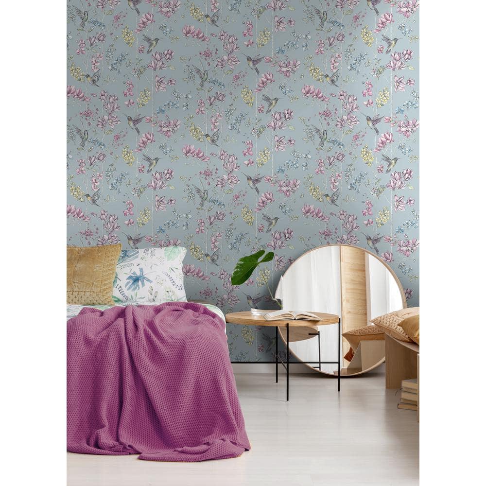 Teal Non-Pasted Hummingbird Trail Wallpaper with Glitter Highlights