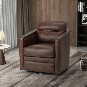 Elvira 28.74'' Wide Choclate Genuine Leather Swivel Chair with Squared Arms