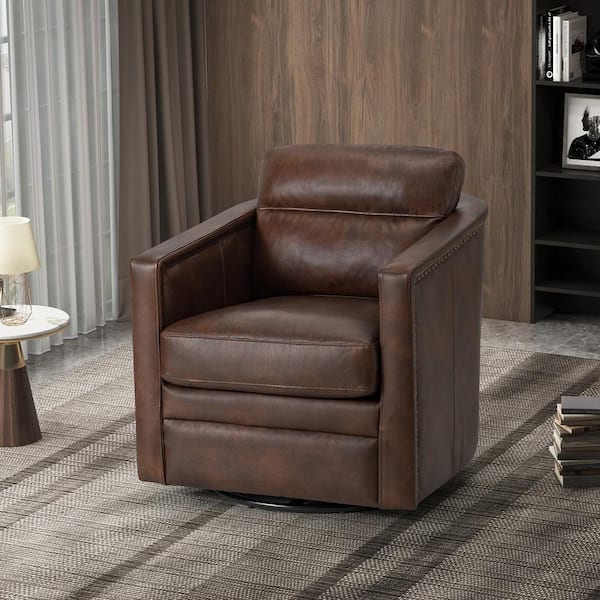 ARTFUL LIVING DESIGN Elvira 28.74'' Wide Choclate Genuine Leather Swivel Chair with Squared Arms