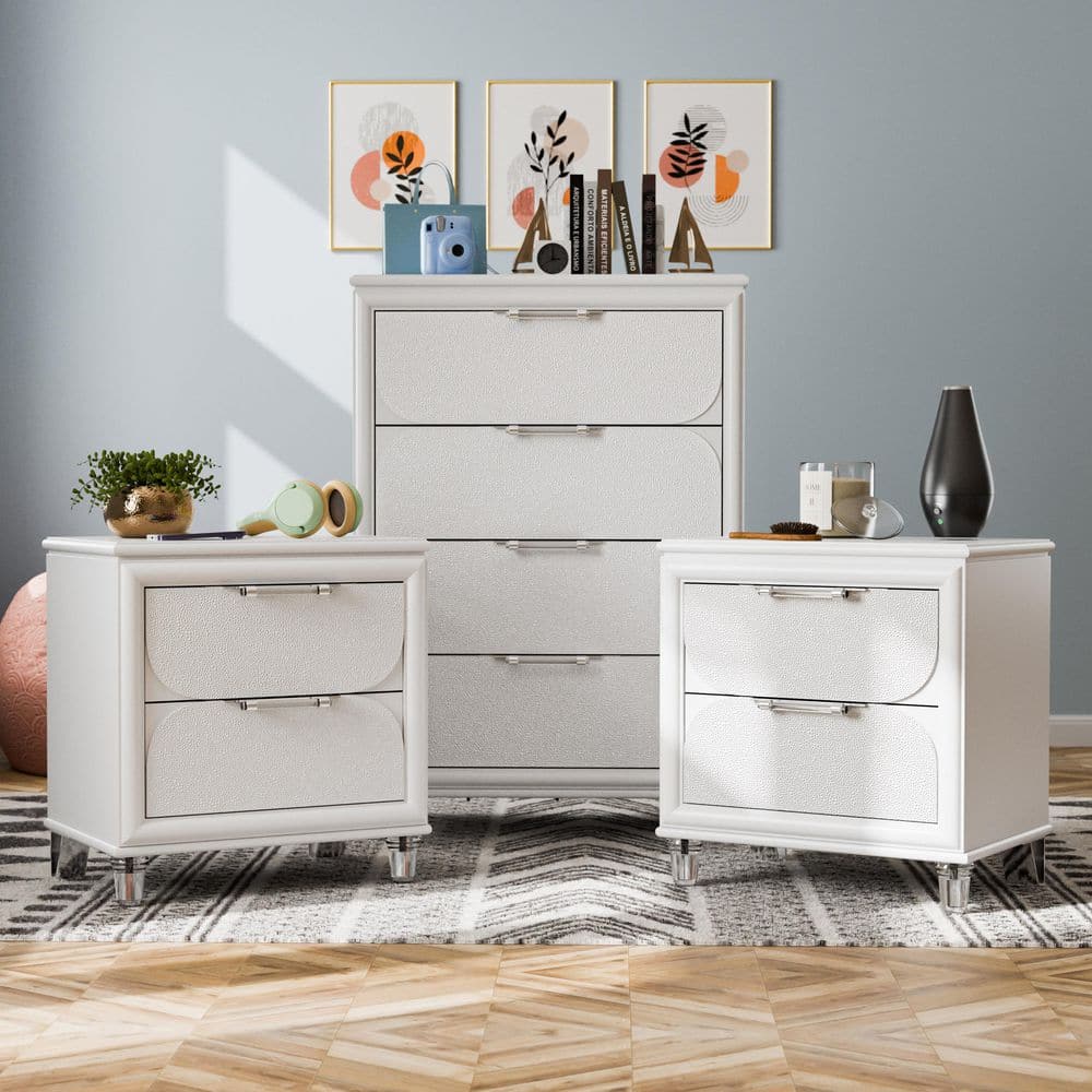 Glosan 3-Piece Pearl White 2-Drawer Set of 2 Nightstands and Chest