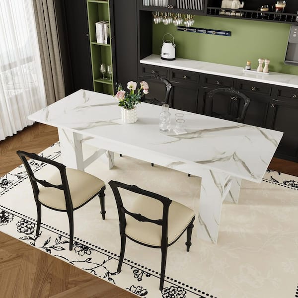 White Marble Pattern Wood 94.5 in. Width Rectangle Double Pedestal Base Dining Table, Meeting Table, Computer Desk for 6