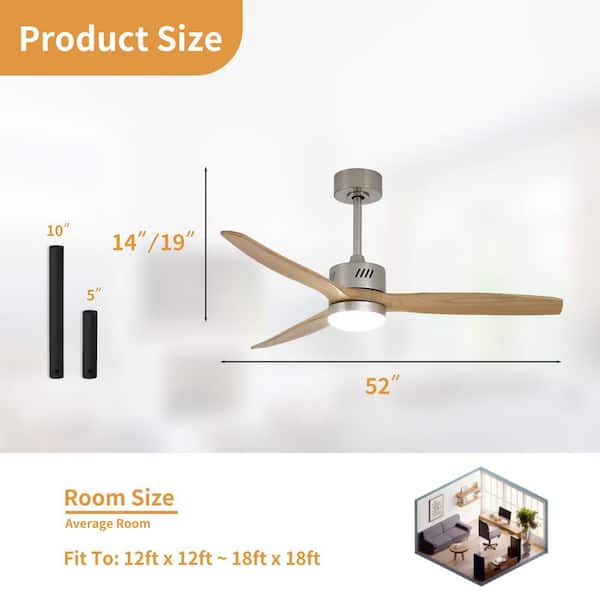 52 in. Integrated LED Indoor Nickel Downrod Standard Ceiling Fan with Oak Blades, Dimmable Light,Remote,DC Motor