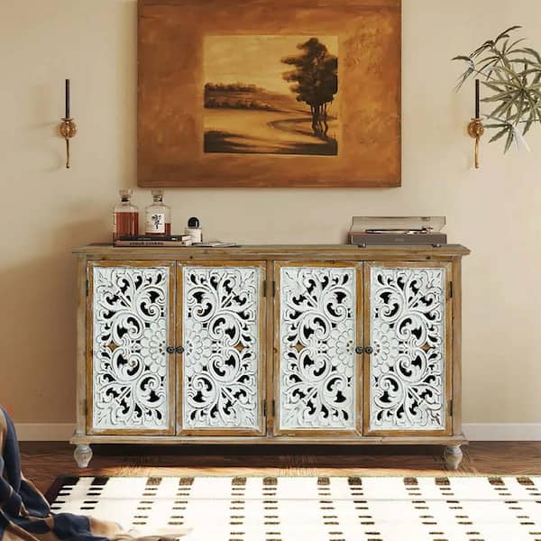 35 in. White Farmhouse Accent Cabinet-4-Door Carved Floral Buffet,Distressed Vintage Storage for Living Room,Dining Room