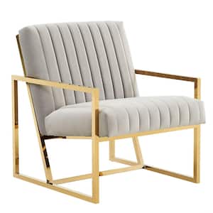 Montgomery Light Grey Modern Upholstered Velvet Pinstripe Design Accent Armchair with Gold Frame