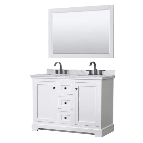 Wyndham Collection Avery 48 in. W x 22 in. D x 35 in. H Double Bath Vanity in White with White Carrara Marble Top and 46 in. Mirror