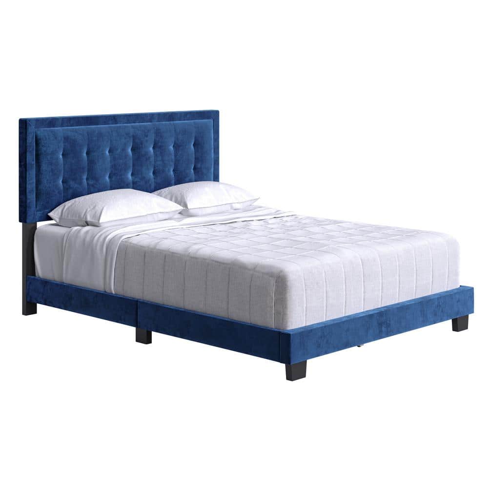 Sapphire Blue Velvet Full Platform Bed with Tufted Headboard