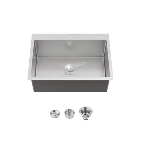 TMS 27 in. L x 19 in. W Brushed Nickel Drop-in/Undermount Single Bowl Steel Kitchen Sink with Strainers