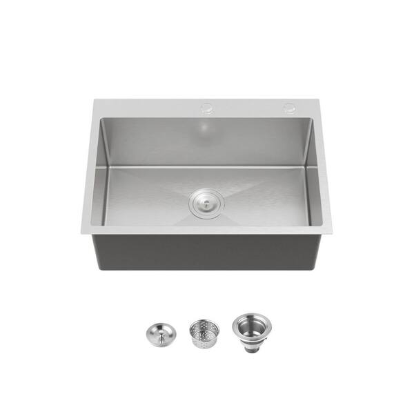 TMS 27 in. L x 19 in. W Brushed Nickel Drop-in/Undermount Single Bowl Steel Kitchen Sink with Strainers