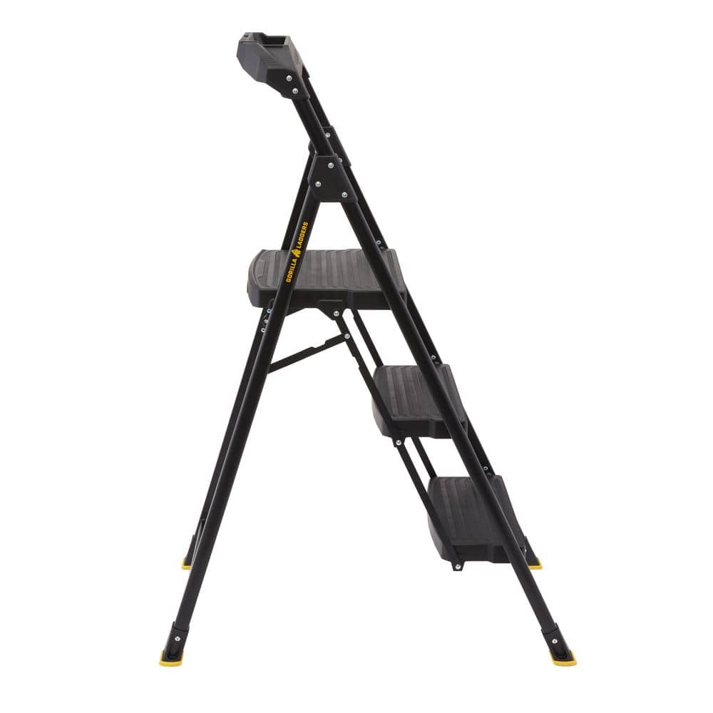 3-Step Black Steel Step Stool with Non-Slip Treads
