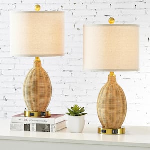 Allice 22.8 in. Bamboo Gold Rattan Table Lamps Set of 2 with 2 USB Ports and AC Outlet (Set of 2)