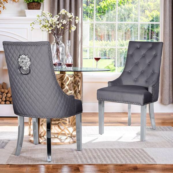 WONDER COMFORT Dark Gray Velvet Upholstered Dining Chairs Set of 2 with Lion Head Pull Ring Stainless Steel Legs TN HCJ40 GY The Home Depot