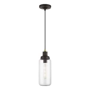 Oakhurst 1-Light Bronze Mini Pendant with Antique Brass Accent and Clear Glass