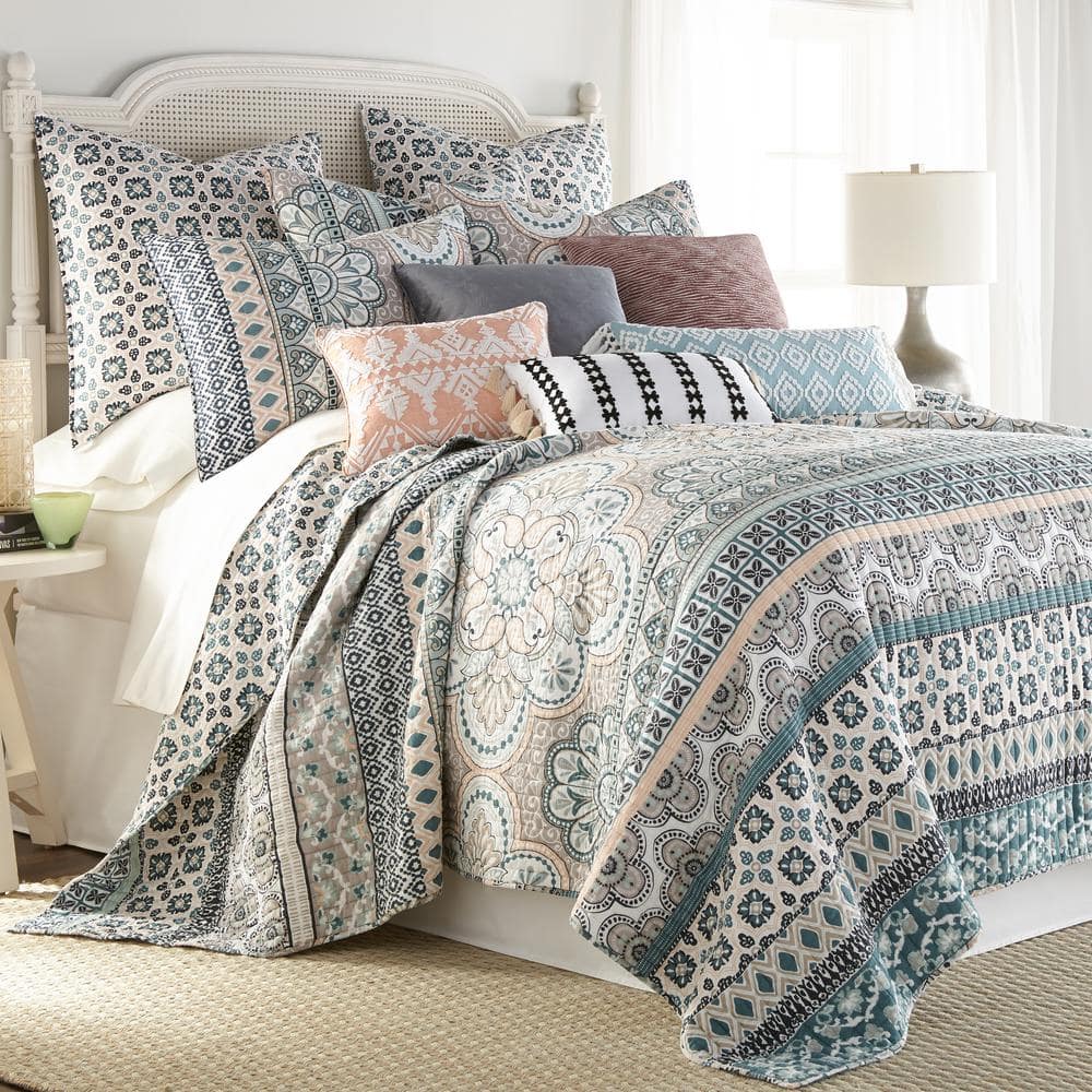 Mediterranean Medallion Cotton Euro Sham Set in Teal, Blush, and Gray