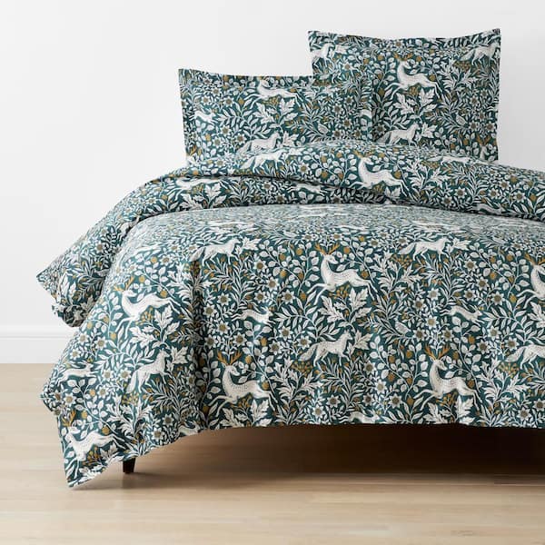 The Company Store Company Cotton Ink Blue Forest Deer King Sateen Duvet Cover