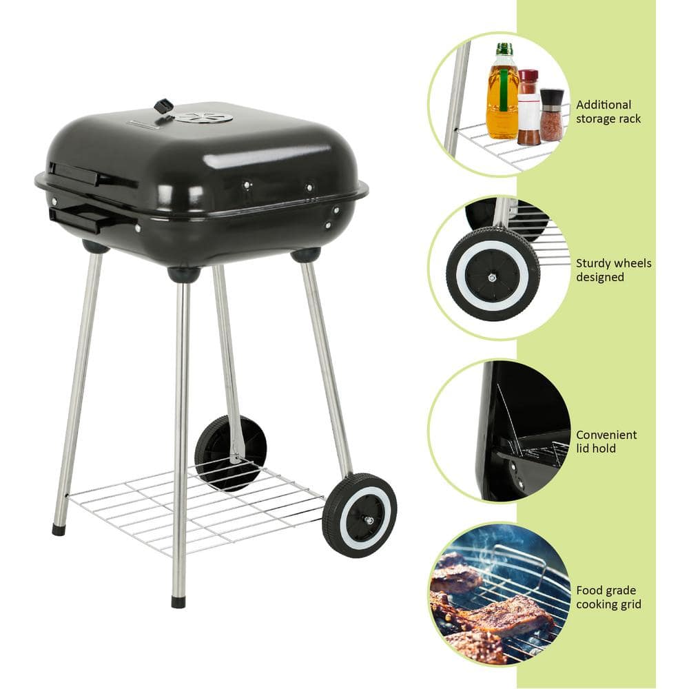 Portable 18-Inch Black Porcelain Charcoal Grill with Chrome-Plated Steel Grate