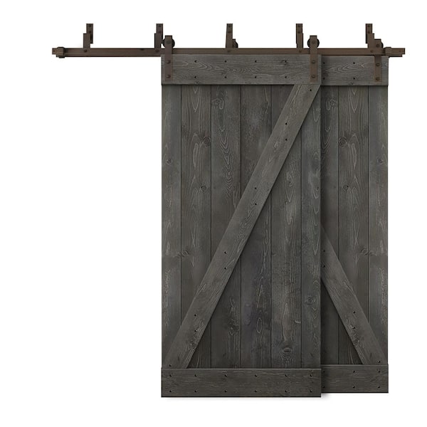 CALHOME 92 in. x 84 in. Z-Bar Bypass Carbon Gray Stained DIY Solid Wood Interior Double Sliding Barn Door with Hardware Kit