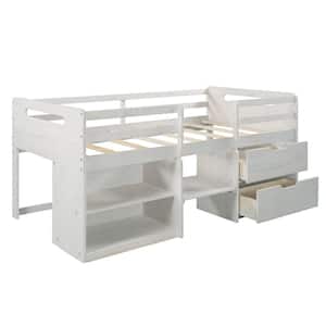 Twin size Loft Bed with Two Shelves and Two Drawers - Antique White