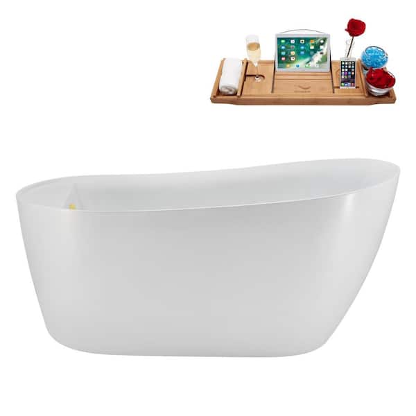 Streamline 59 in. x 30 in. Acrylic Freestanding Soaking Bathtub in Glossy White with Polished Brass Drain, Bamboo Tray