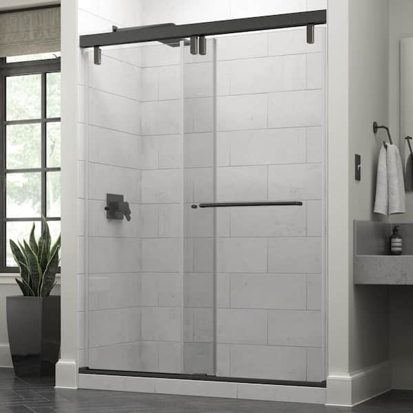 Simplicity Mod 50-1/8 to 58-1/2 in. W x 71-1/2 in. H Soft-Close Frameless Sliding Shower Door, Bronze, Clear Glass