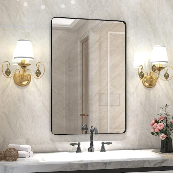 24 in. W x 32 in. H Premium Aluminum Framed Rectangular Bathroom Vanity Wall Mirror in Matte Black