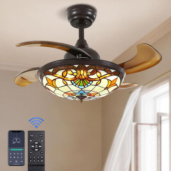 Pacific Core Tiffany 36 in. Indoor Brown Retractable Stained Glass Chandelier Ceiling Fan with Dimmable LED with Remote Included