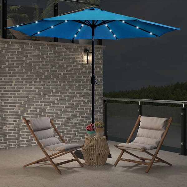 Maypex 9 ft. Steel Market Crank and Tilt Round Solar Light Patio Umbrella in Aqua