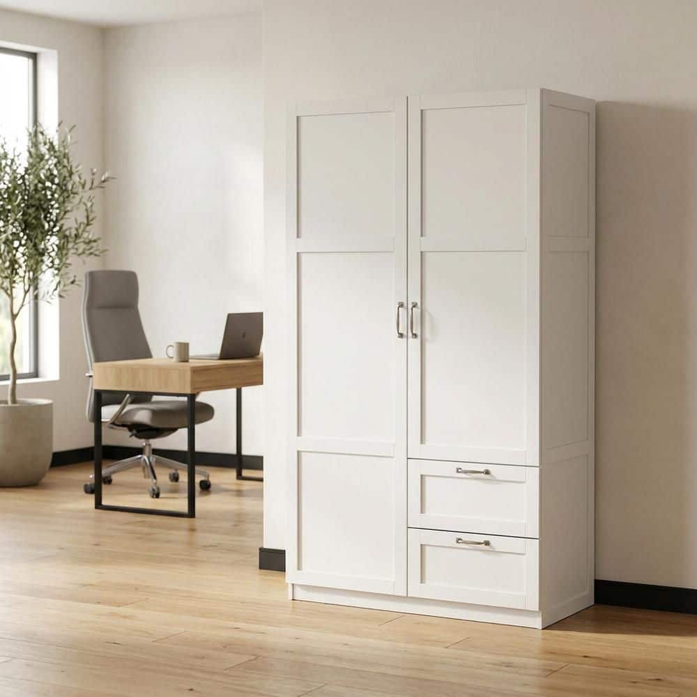 White 40 in. Wide Storage Armoire with Adjustable Shelves, Transitional Style