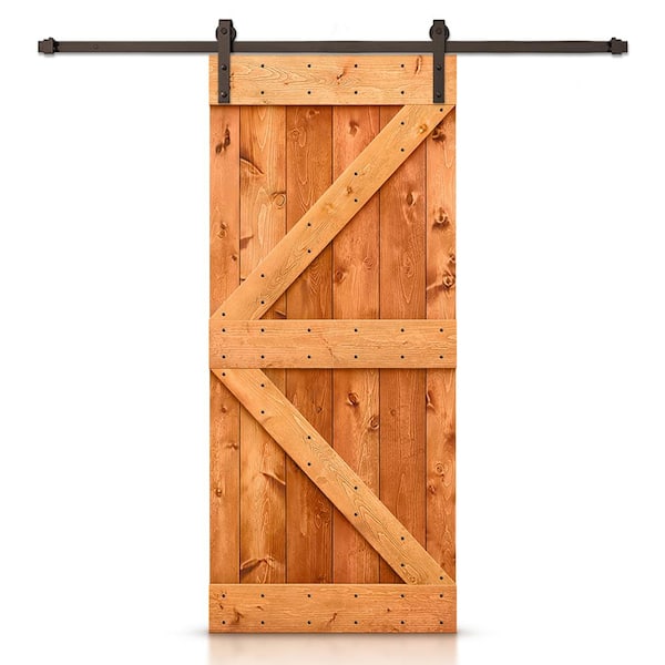 CALHOME Distressed K Series 26 in. x 84 in. Red Walnut Stained DIY Wood Interior Sliding Barn Door with Hardware Kit