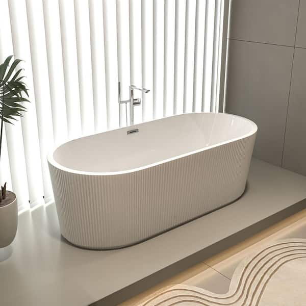 Unbranded 59 in. x 30 in. Acrylic Freestanding Oval Soaking Bathtub with Center Drain in White/Chrome Overflow and Pop-Up Drain